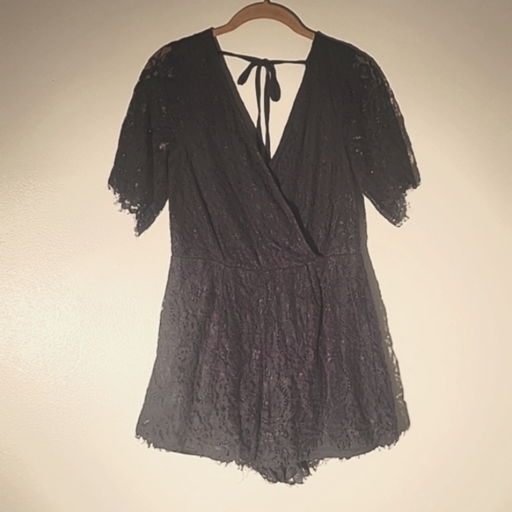 ROWA, Woman's Blue Lace Surplice Glam Romper with Back Ribbon Tie, Size: M